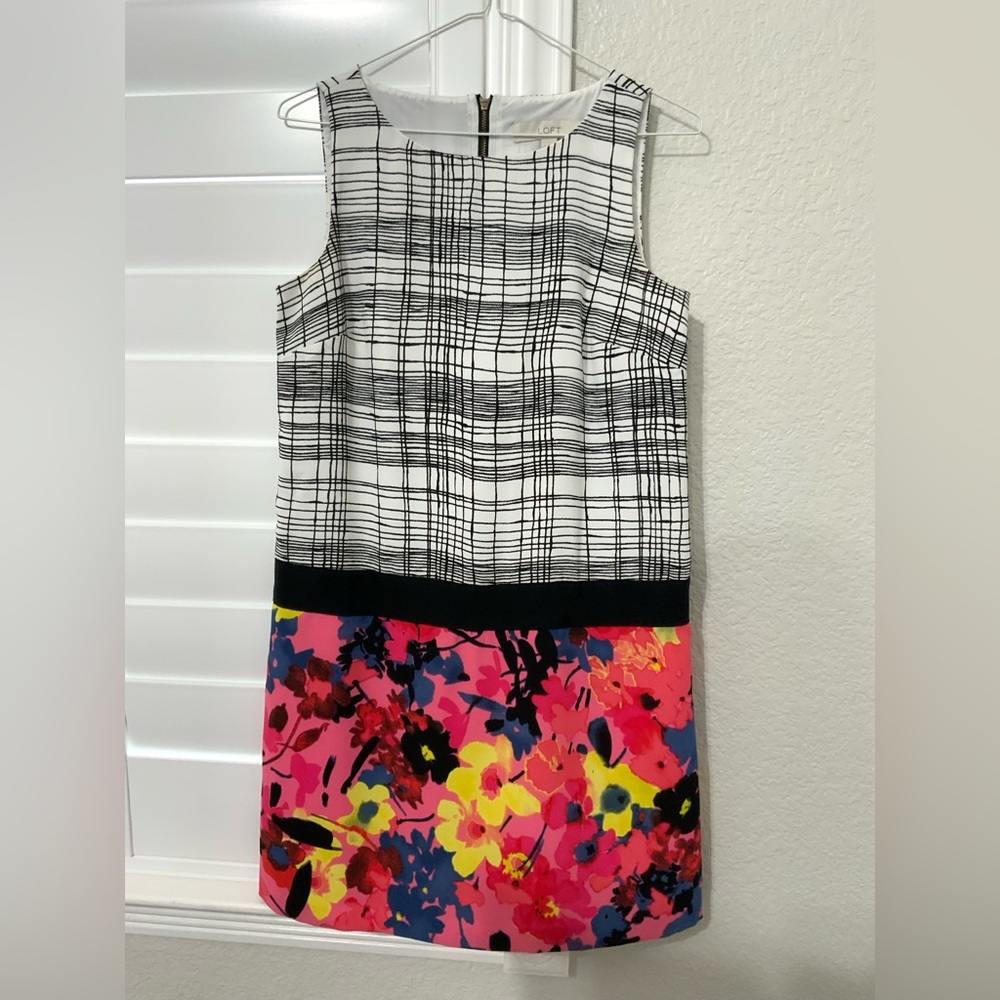 ann taylor loft black & white patterned dress w/ multicolor floral bottom skirt